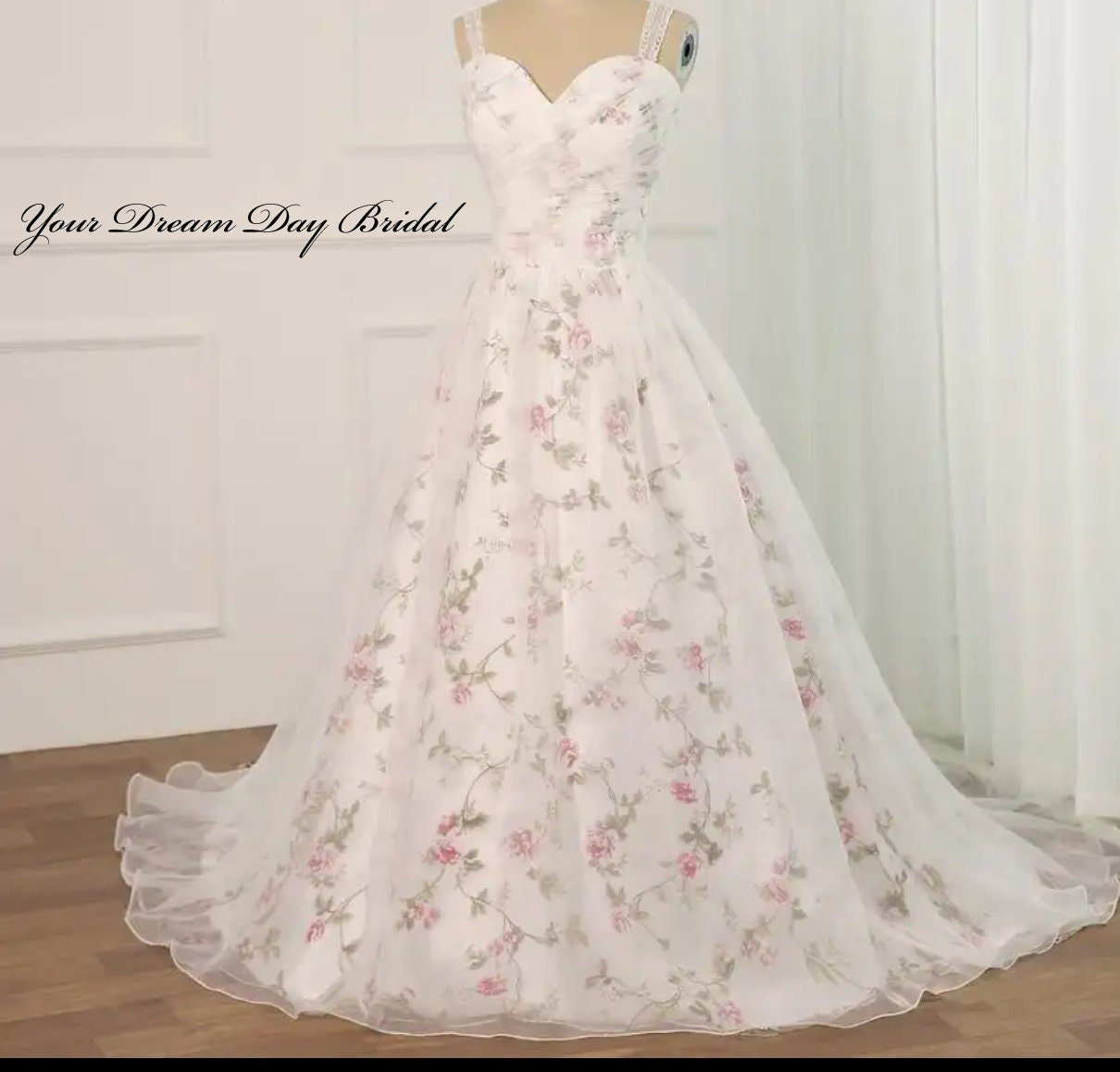 Whimsical A - Line Floral Print Organza Wedding Gown - Your Dream Day Bridal