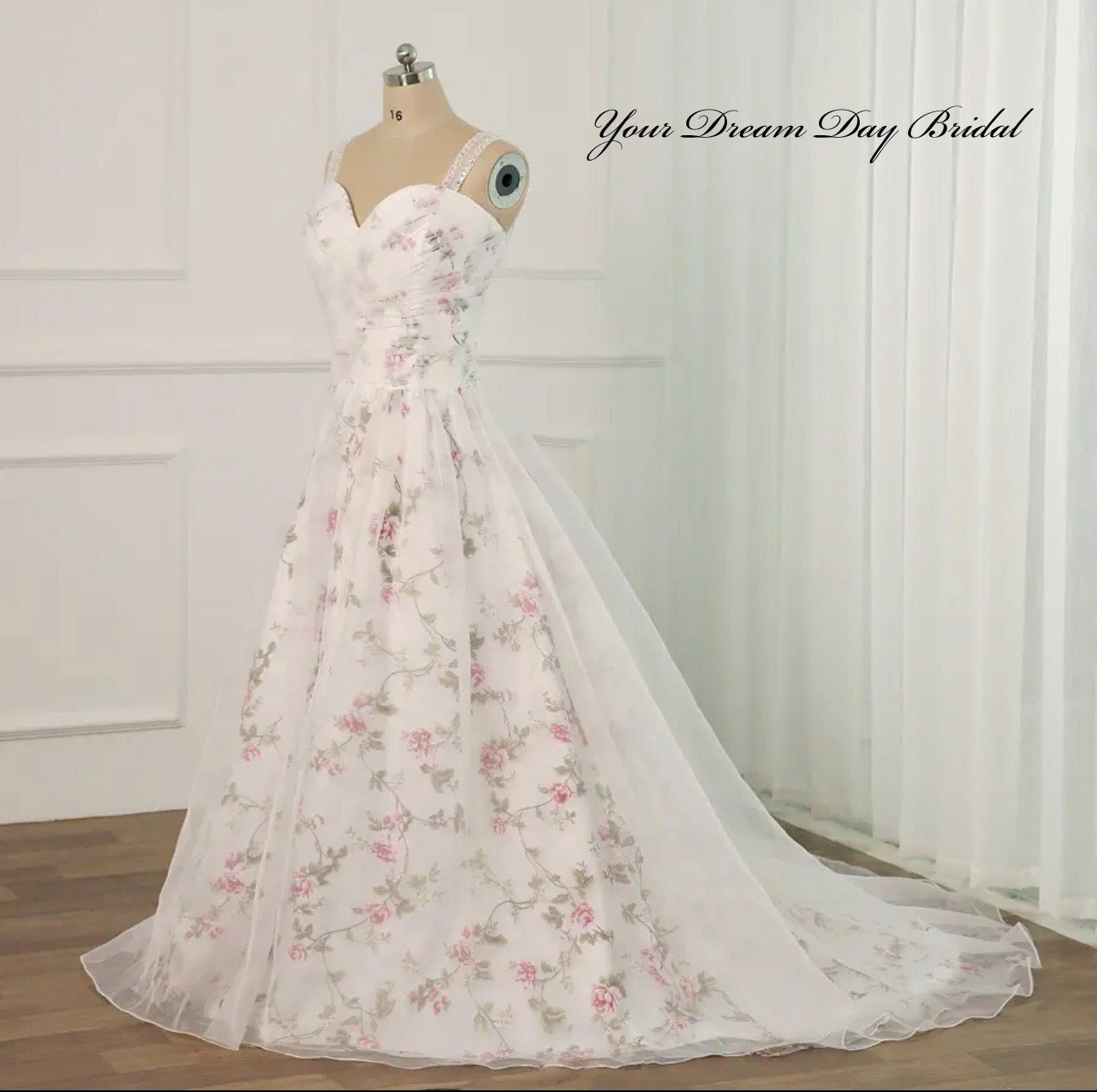 Whimsical A - Line Floral Print Organza Wedding Gown - Your Dream Day Bridal