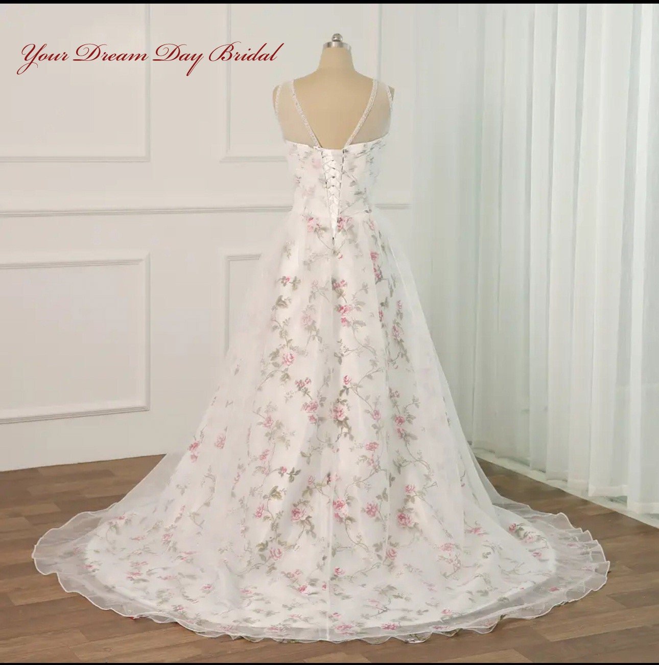 Whimsical A - Line Floral Print Organza Wedding Gown - Your Dream Day Bridal