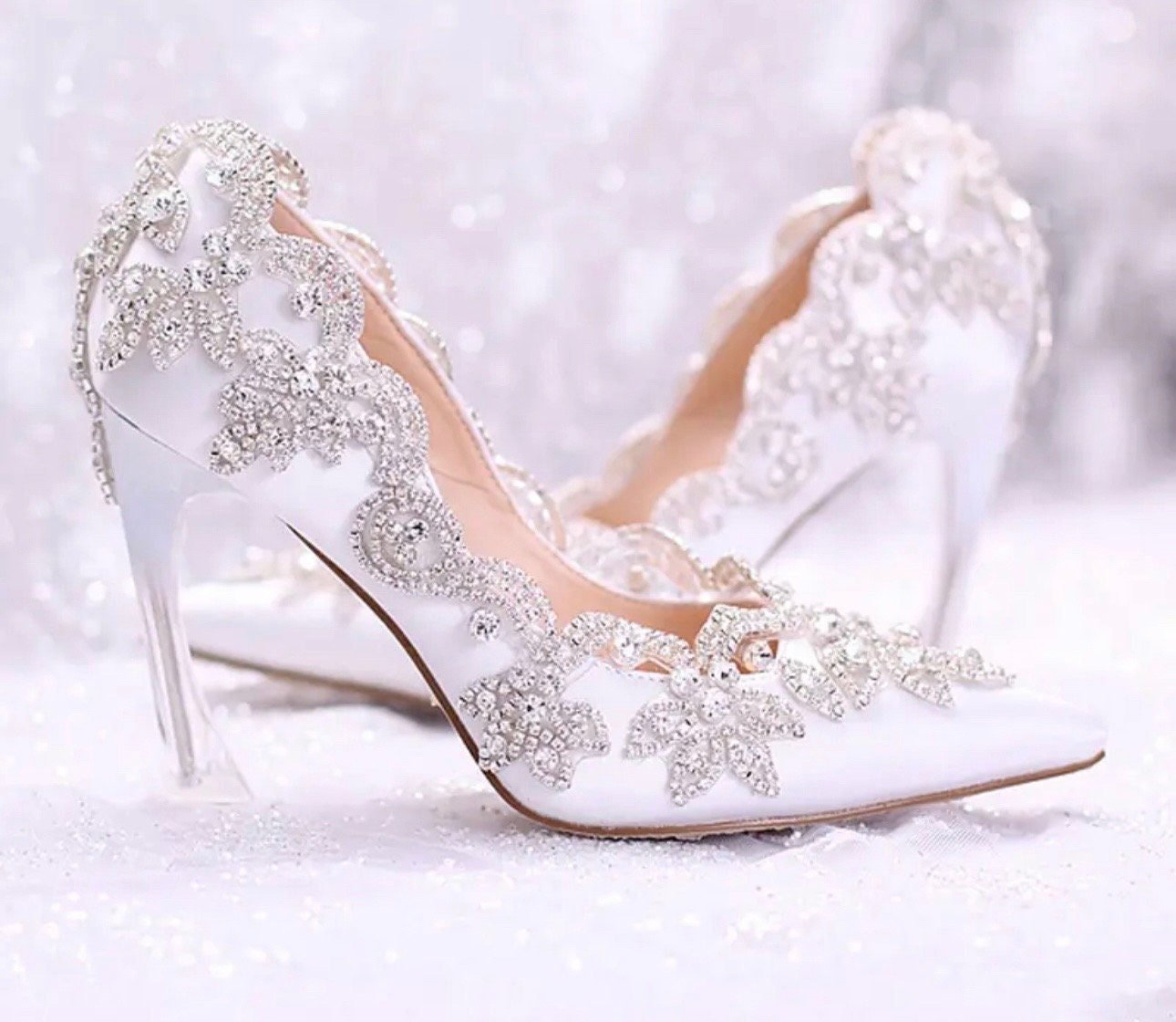 White Crystal Bead Embellished Bridal Pump with 3” Heel - Your Dream Day Bridal