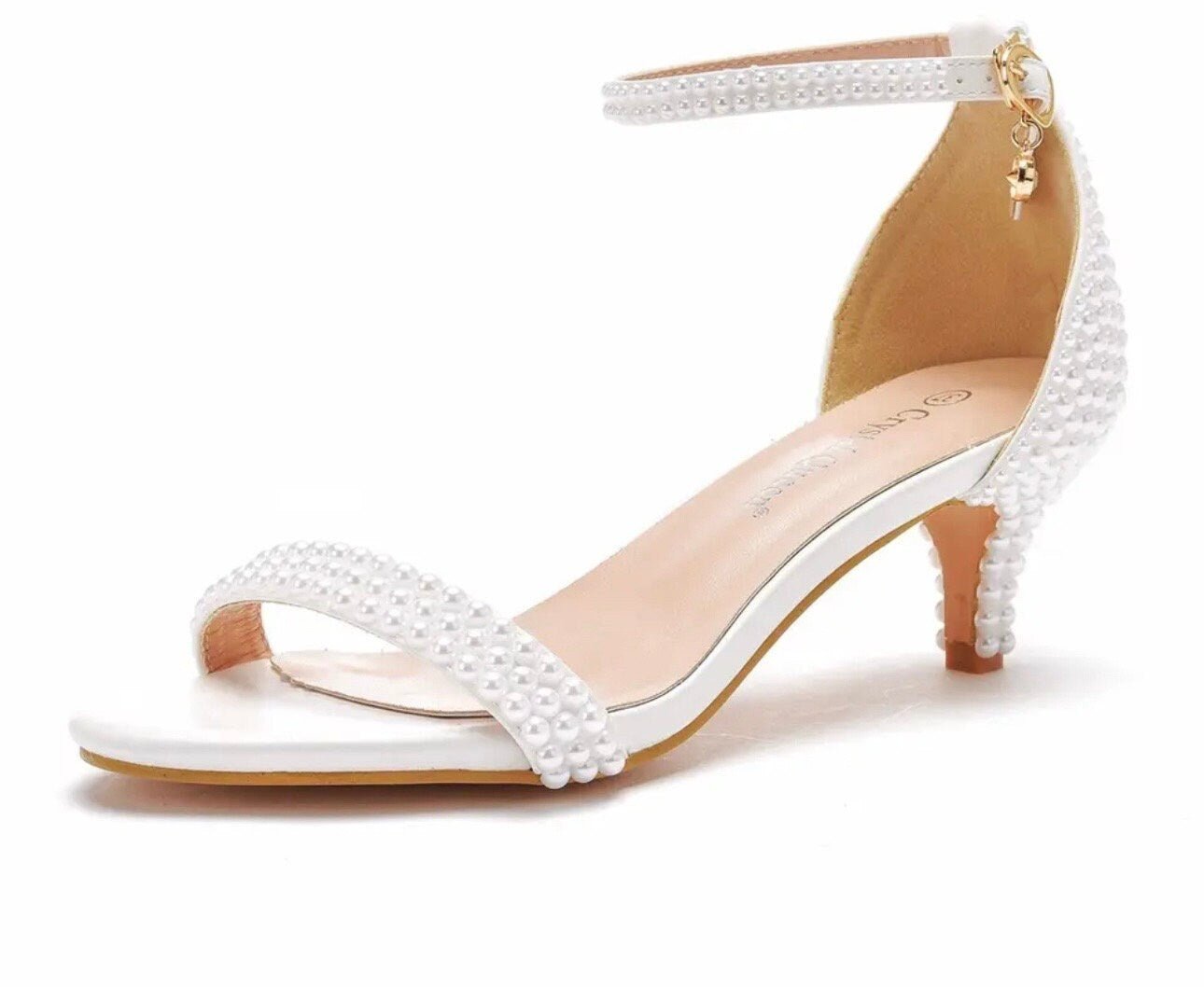 White Open Toe Pearl Enhanced Bridal Shoe with 2” Heel - Your Dream Day Bridal