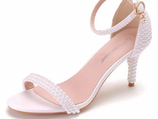 White Open Toe Pearl Enhanced Bridal Shoe with 2.75” Heel - Your Dream Day Bridal