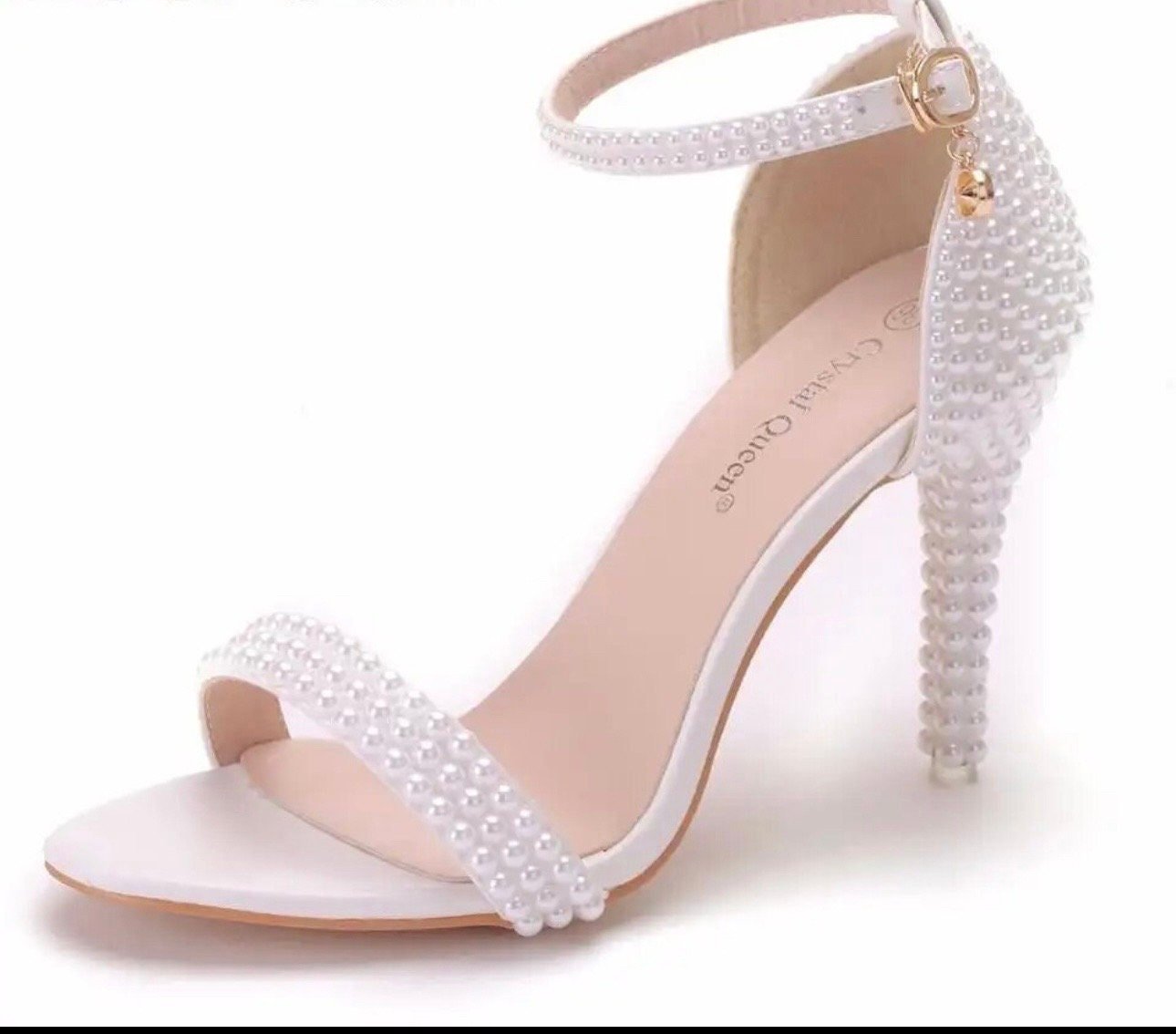 White Open Toe Pearl Enhanced Bridal Shoe with 3.5” Heel - Your Dream Day Bridal