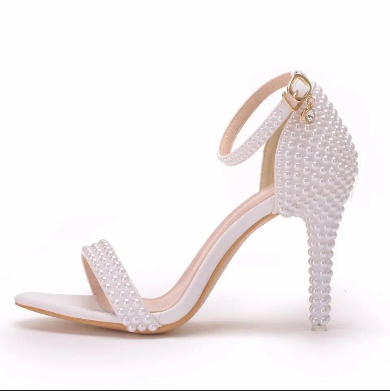 White Open Toe Pearl Enhanced Bridal Shoe with 4.3” Heel - Your Dream Day Bridal