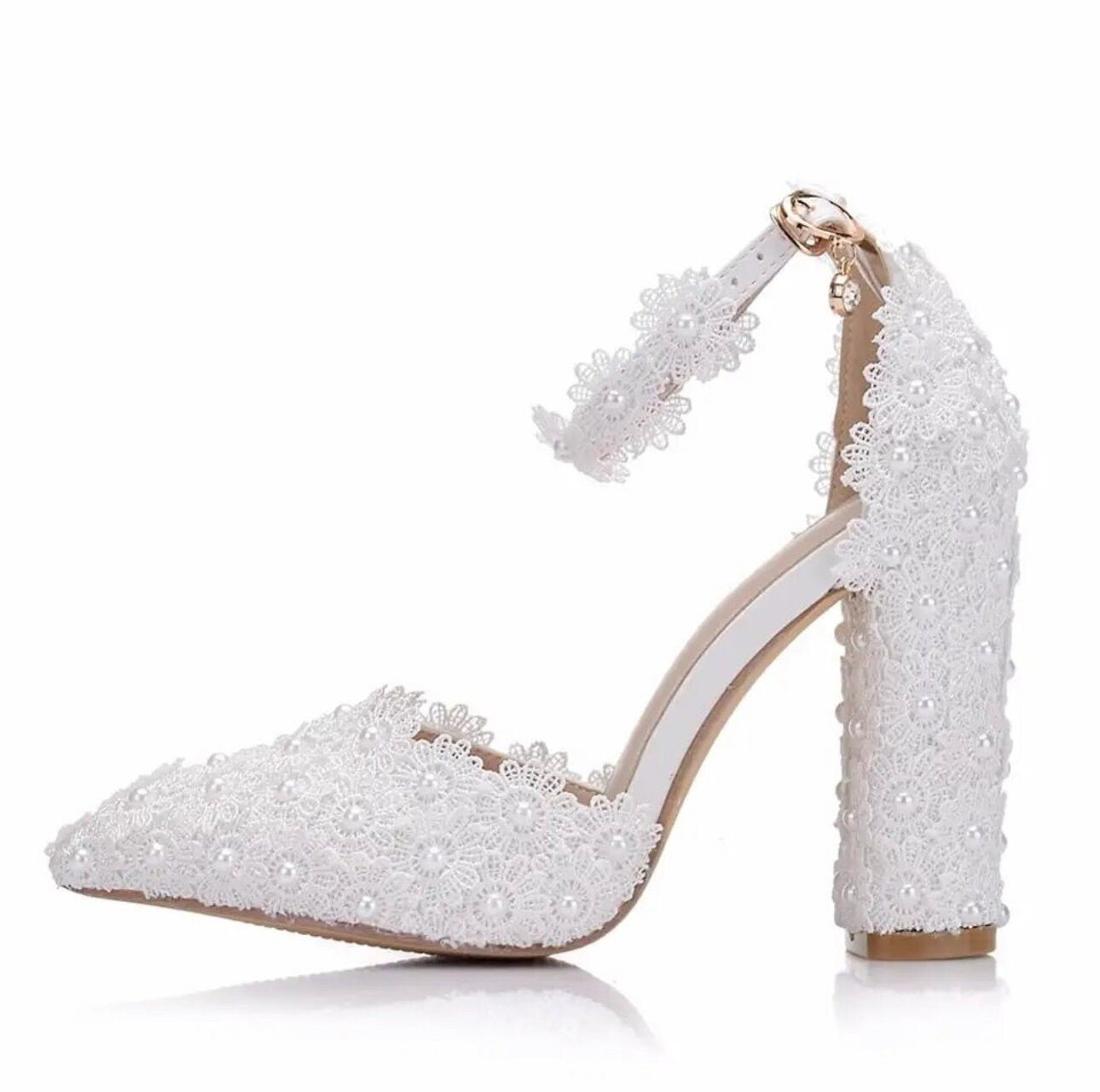 White Pearl & Lace Block Heel Bridal Shoe - Your Dream Day Bridal